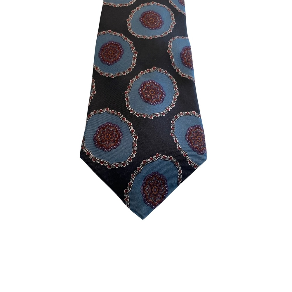 Todd Garland & Co Mens 100% Italian Silk Medallion Print Tie Navy Blue